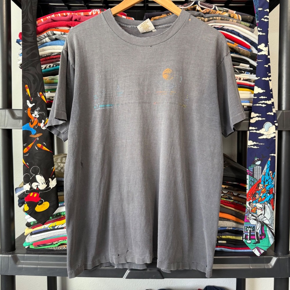 Vintage Gray Faded Abstract Sun Graphic Tee Large Thrashing
